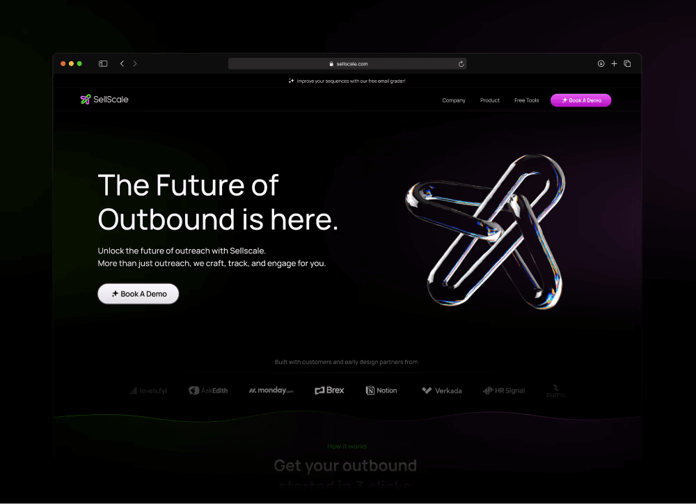 SellScale website homepage featuring a dark theme, bold text, and a 3D glass sculpture.