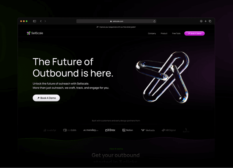 SellScale website homepage featuring a dark theme, bold text, and a 3D glass sculpture.