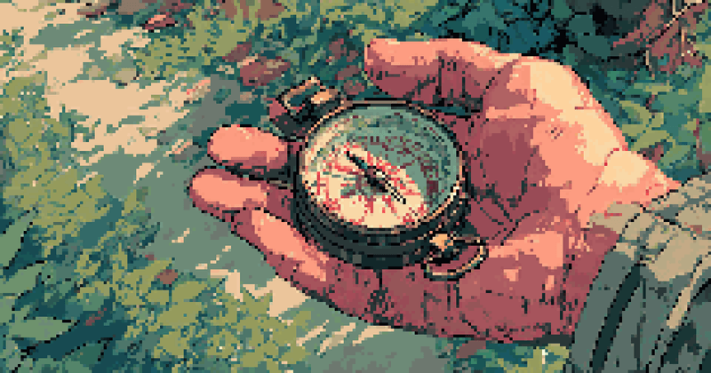 Pixel art of a hand holding a compass over a lush green forest path.