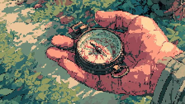 Pixel art of a hand holding a compass over a lush green forest path.