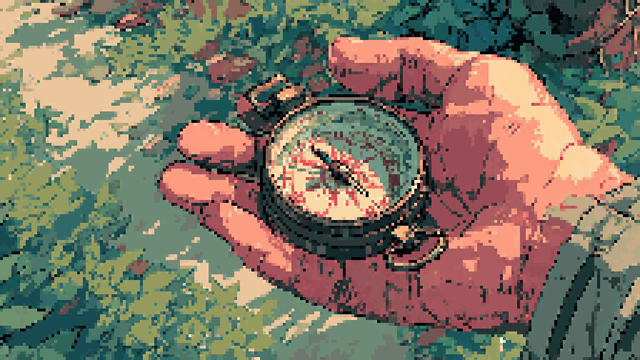 Pixel art of a hand holding a compass over a lush green forest background.