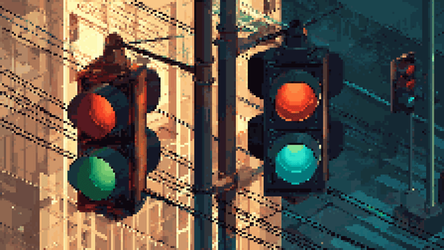 Pixel art of city traffic lights with a high-contrast orange and teal color scheme.