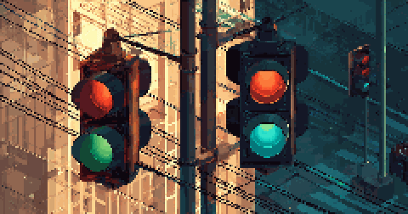 Pixel art of city traffic lights with a high-contrast orange and teal color scheme.