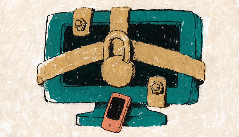 A teal bench vise locked with a large padlock, with a red smartphone resting below.