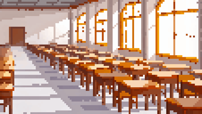Pixel art scene with a character, a row of brown mushrooms, and tall arched windows.