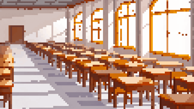 Pixel art scene with a character, a row of brown mushrooms, and tall arched windows.