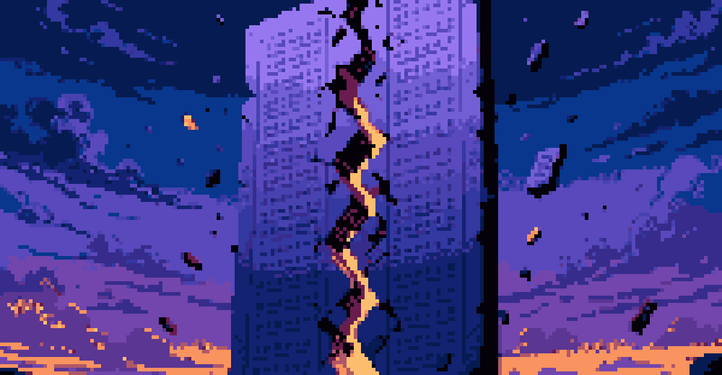 Pixel art scene with a character, a row of brown mushrooms, and tall arched windows.