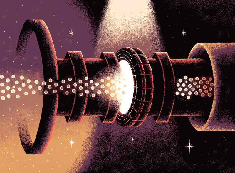 Illustration of a particle beam passing through rings towards a glowing center in space.
