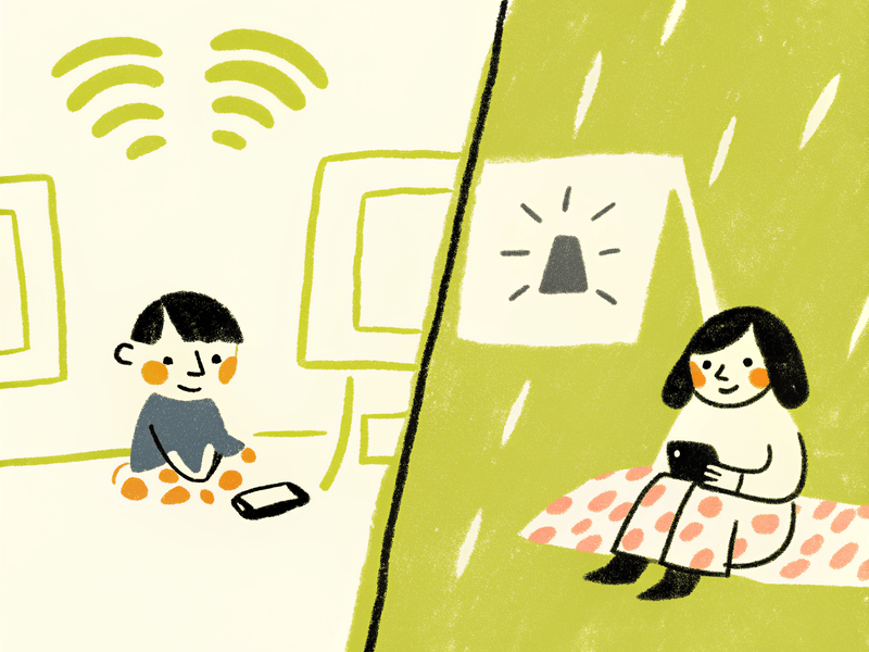 Illustration of a boy near wifi signals and a girl using a phone on a blanket.