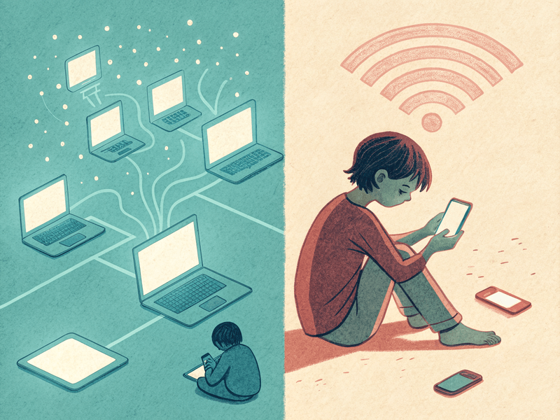Illustration of a boy near wifi signals and a girl using a phone on a blanket.