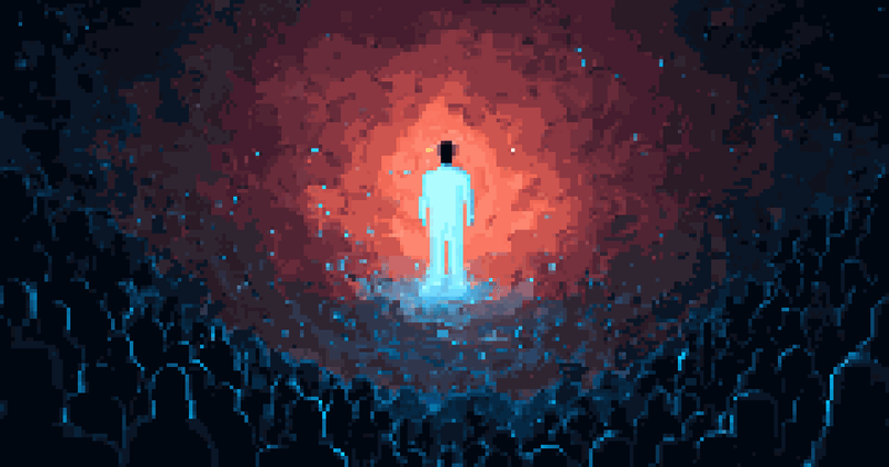 Pixel art of a glowing white figure standing amidst a fiery red and dark blue void.