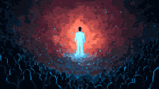 Pixel art of a glowing white figure standing amidst a fiery red and dark blue void.