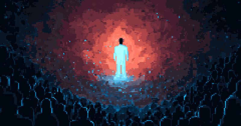 Pixel art of a glowing white figure standing amidst a fiery red and dark blue void.