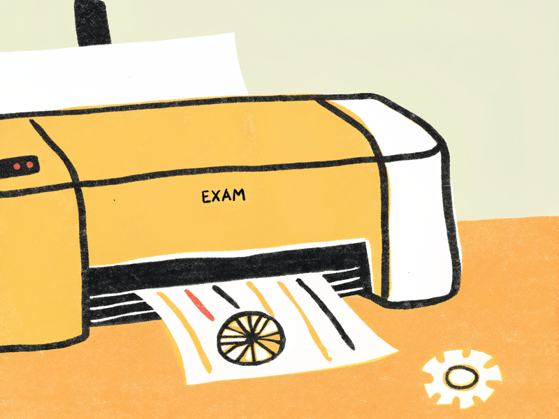 Yellow printer labeled EXAM printing a paper with a wheel symbol and gear icon.