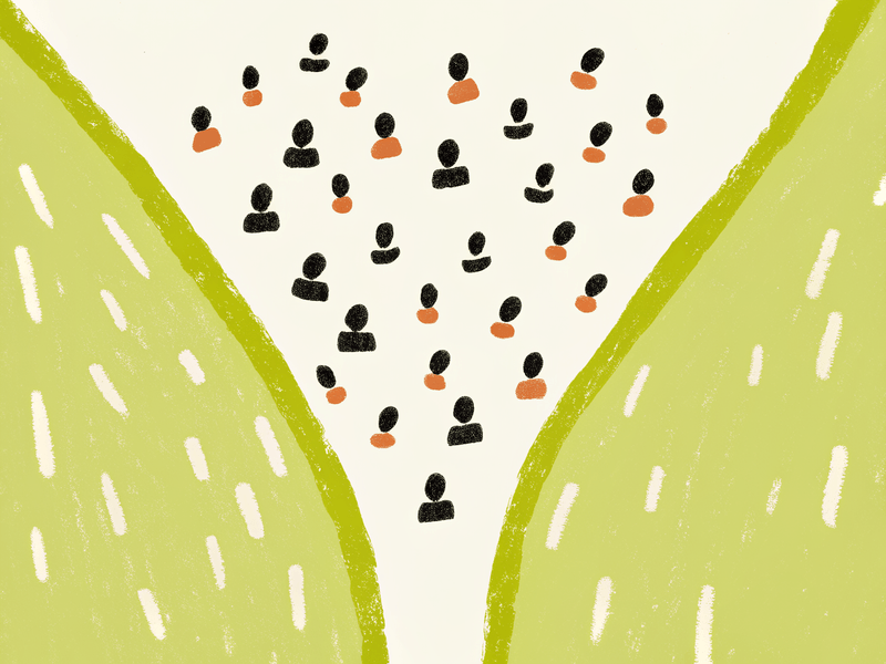 A crowd of stylized people icons walking down a path between two green hills.