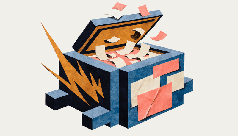 An open blue ballot box overflowing with papers and a jagged orange lightning bolt.