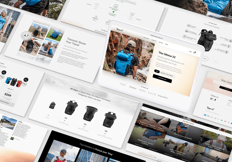 A collection of website design layouts showcasing backpacks for travel and outdoor activities.