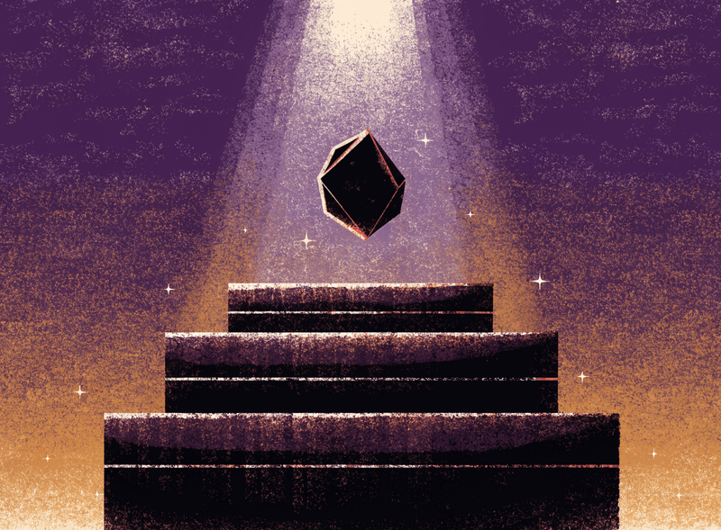 A dark crystal floats above three steps under a spotlight against a starry purple background.