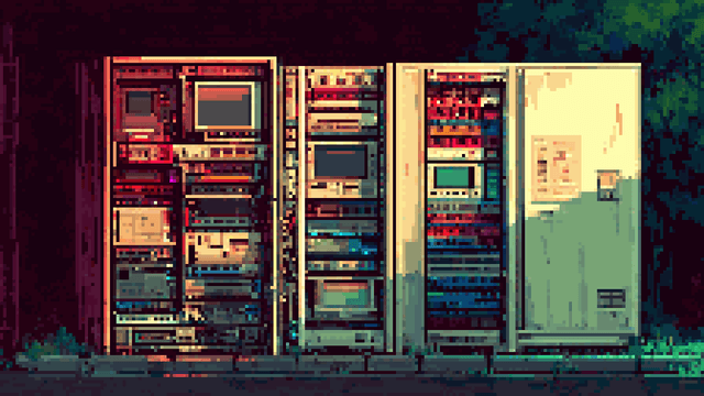 Pixel art of vintage computer server racks standing outdoors against a dark background.