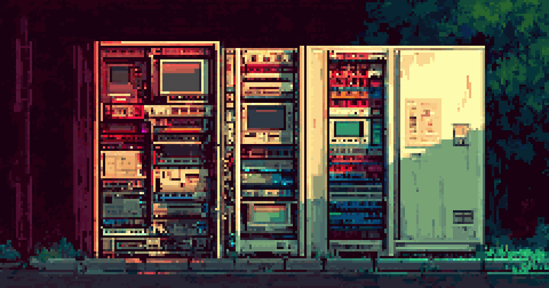 Pixel art of vintage computer server racks standing outdoors against a dark background.