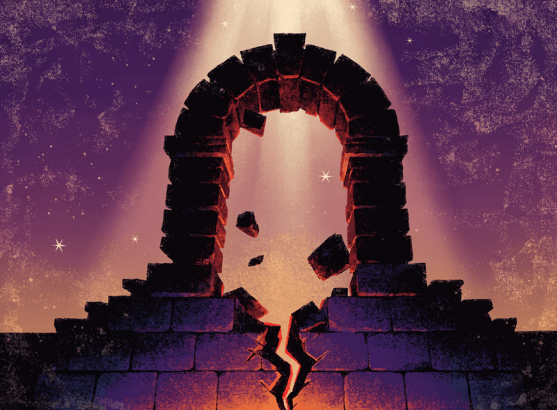 A crumbling stone arch resembling a padlock, illuminated by light against a starry purple sky.