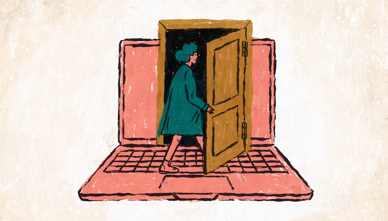 Illustration of a pink laptop, yellow door, USB drive, mouse, and red rug.