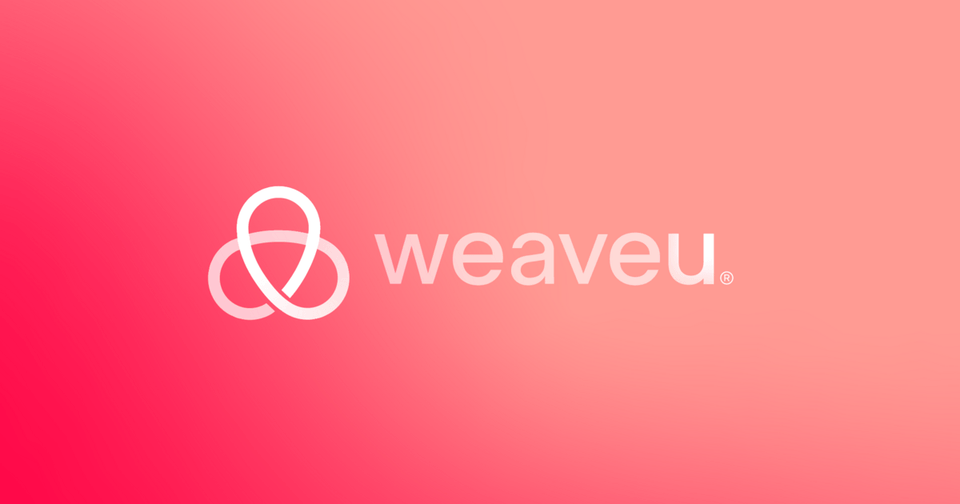 Weaveu logo with interlocking white loops and text on a pink gradient background.