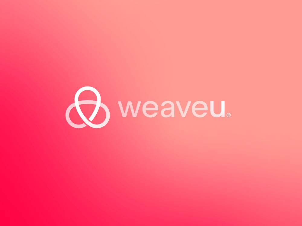 A white interlocking knot logo and the text "weaveu" on a pink gradient background.