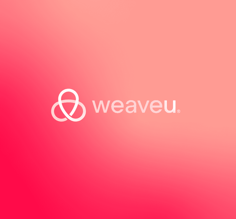 A white interlocking knot logo and the text "weaveu" on a pink gradient background.
