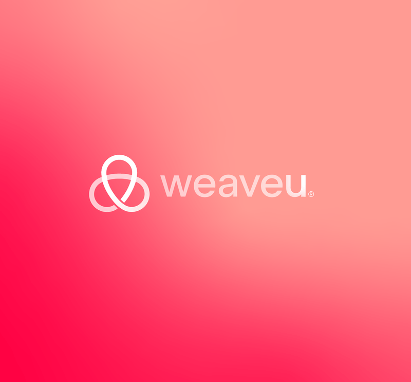 A white interlocking knot logo and the text "weaveu" on a pink gradient background.