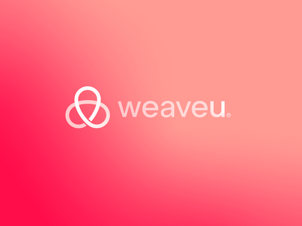 A white interlocking knot logo and the text "weaveu" on a pink gradient background.