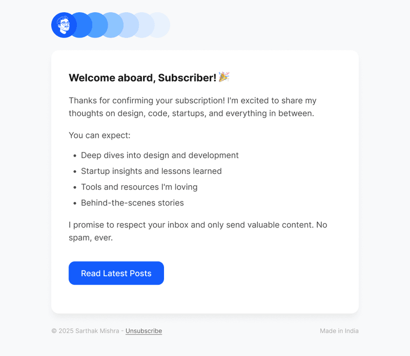 Welcome aboard email message from Sarthak Mishra featuring a newsletter subscription confirmation and latest posts.