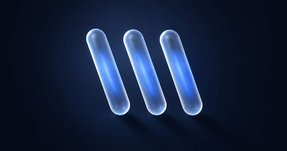 Three glowing blue, translucent capsules arranged diagonally against a dark blue background.