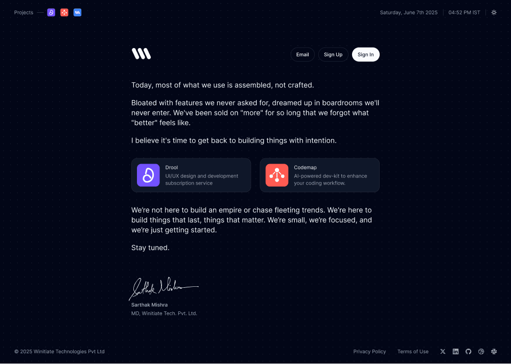 Minimalist dark website layout featuring white typography, project cards, and a digital signature.