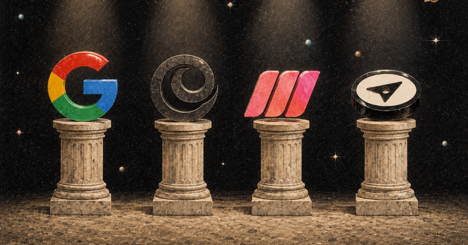 Four tech-style logos displayed atop classical stone columns against a starry cosmic backdrop.