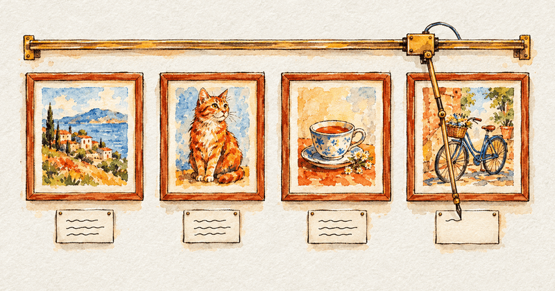 Four watercolor paintings—coastal village, cat, teacup, and bicycle—hang beneath a brass sliding rail.