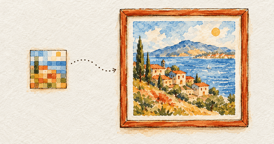 Color palette points toward framed watercolor of a coastal village beside blue sea.