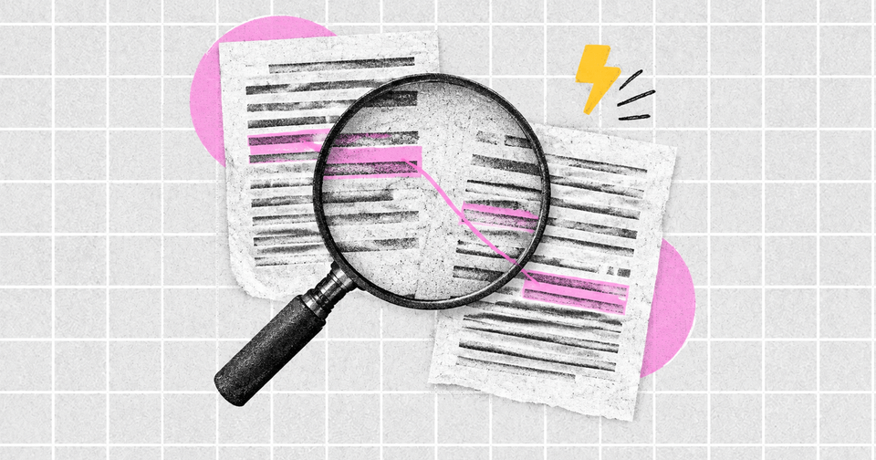 Magnifying glass examining highlighted lines on overlapping documents, with pink accents and a yellow lightning bolt.