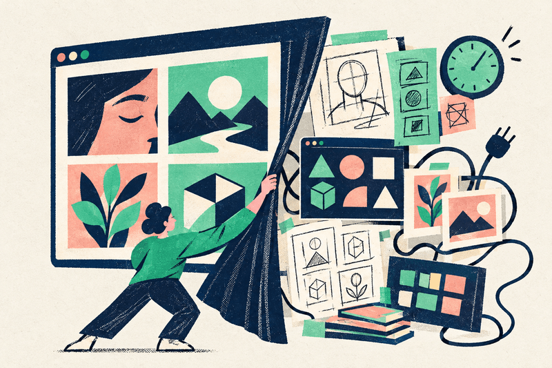 Illustration of a person pulling a portfolio window aside like a curtain, revealing sketches, components, a clock, and cables.