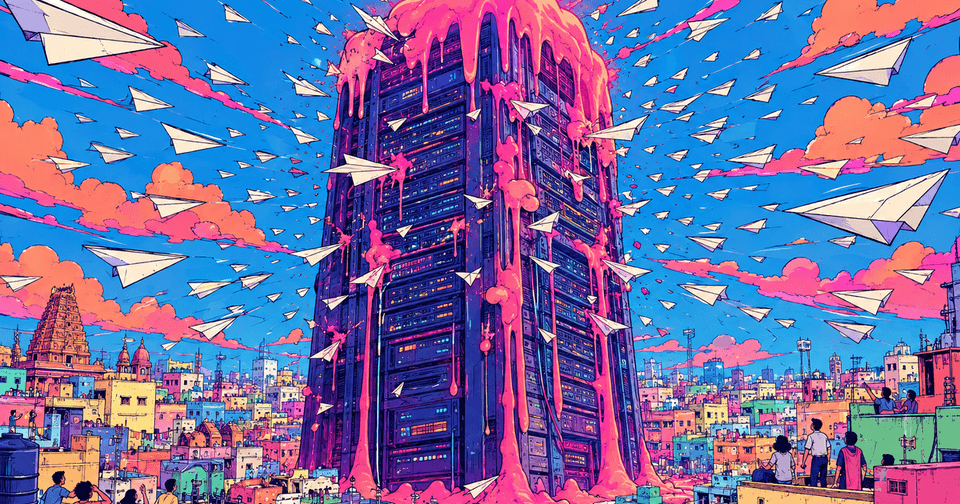 A towering server building drips pink goo as paper airplanes fill a vivid city sky.