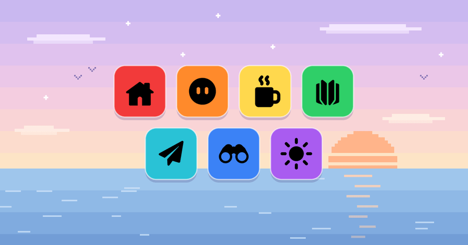 Seven colorful app icons float over a pastel sunset and ocean, including home, coffee, book, paper plane, binoculars, and sun.