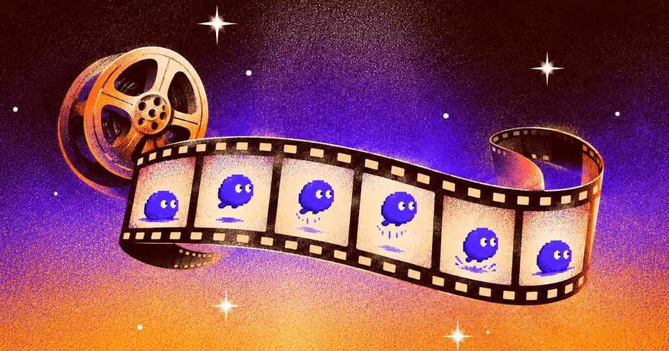 A vintage film reel unspools frames of blue pixel ghosts against a starry purple-orange background.