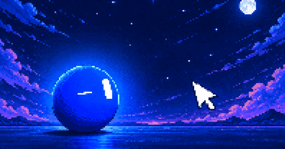 Pixel-art blue orb floats above a reflective lake beneath a starry, moonlit sky, with cursor.