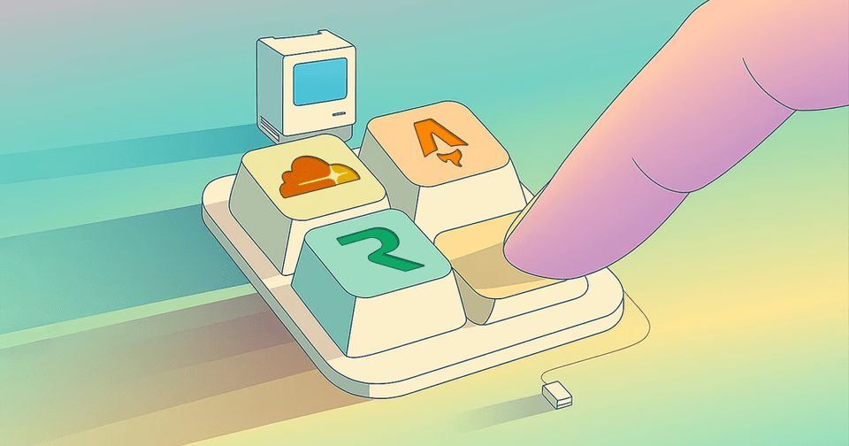 A large finger presses an oversized keyboard key beside a small vintage computer.