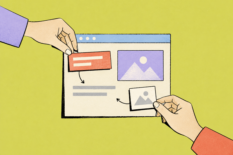 Two hands place a heading module and an image tile into an illustrated webpage.