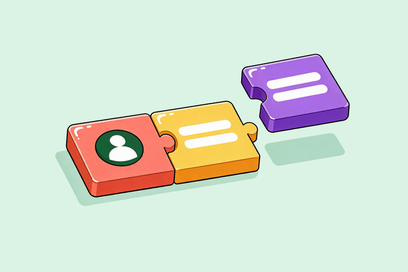 Coral and yellow interface tiles joined like puzzle pieces, with a purple tile hovering beside them on a pale mint background.