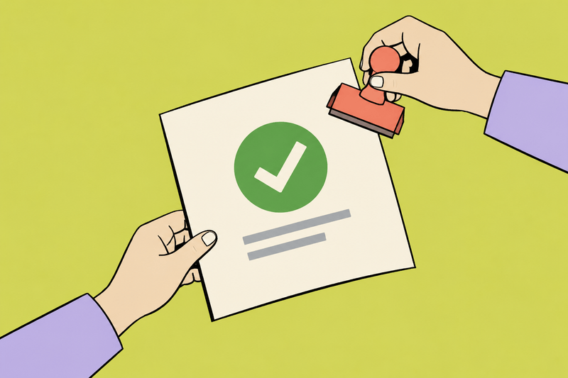 Hands hold a bowed cream sheet at an angle and lift a coral stamp above a green seal with a cream checkmark.