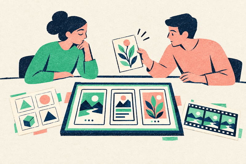 Two people review three interface screens in a bordered tray, with optional illustration, icon, and animation cards beside them.