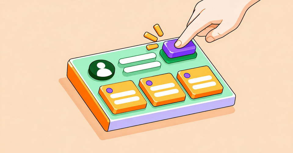 A hand pressing a purple button on a mint interface panel with three golden-orange cards, on a peach background.