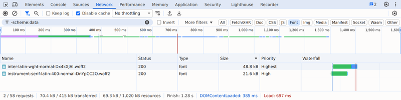 Chrome DevTools Network panel filtered to Font, showing the Inter and Instrument Serif WOFF2 files with their transfer sizes, priorities, and request timing.